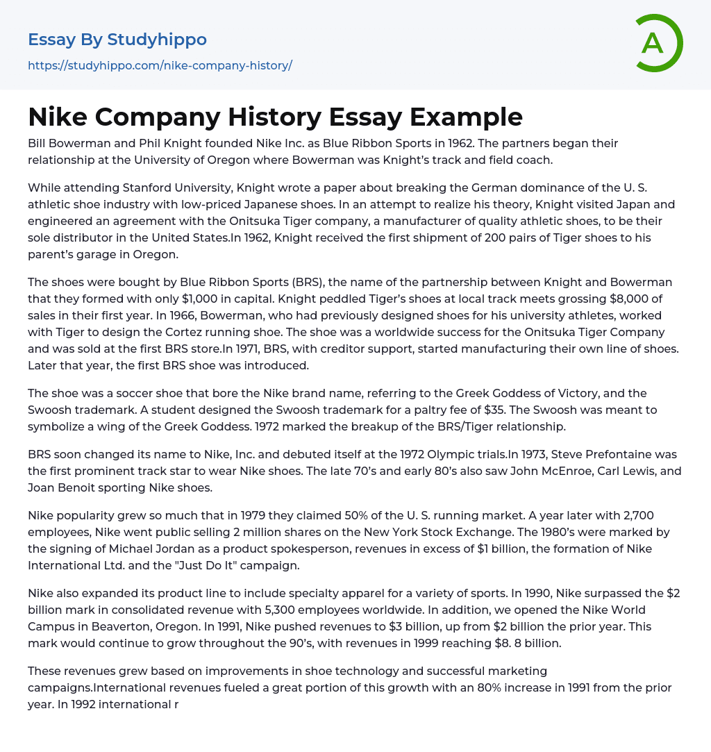 Nike Company History Essay Example