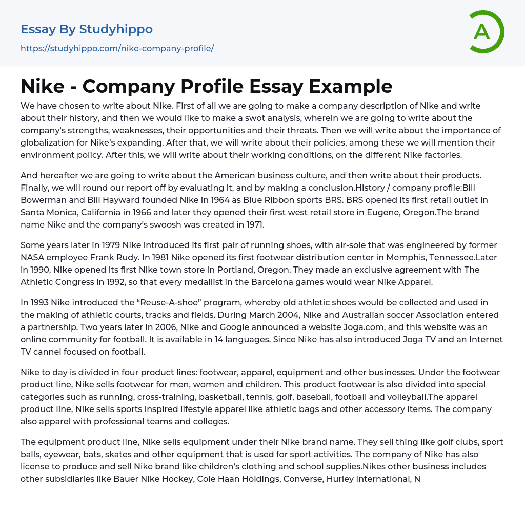 Nike – Company Profile Essay Example