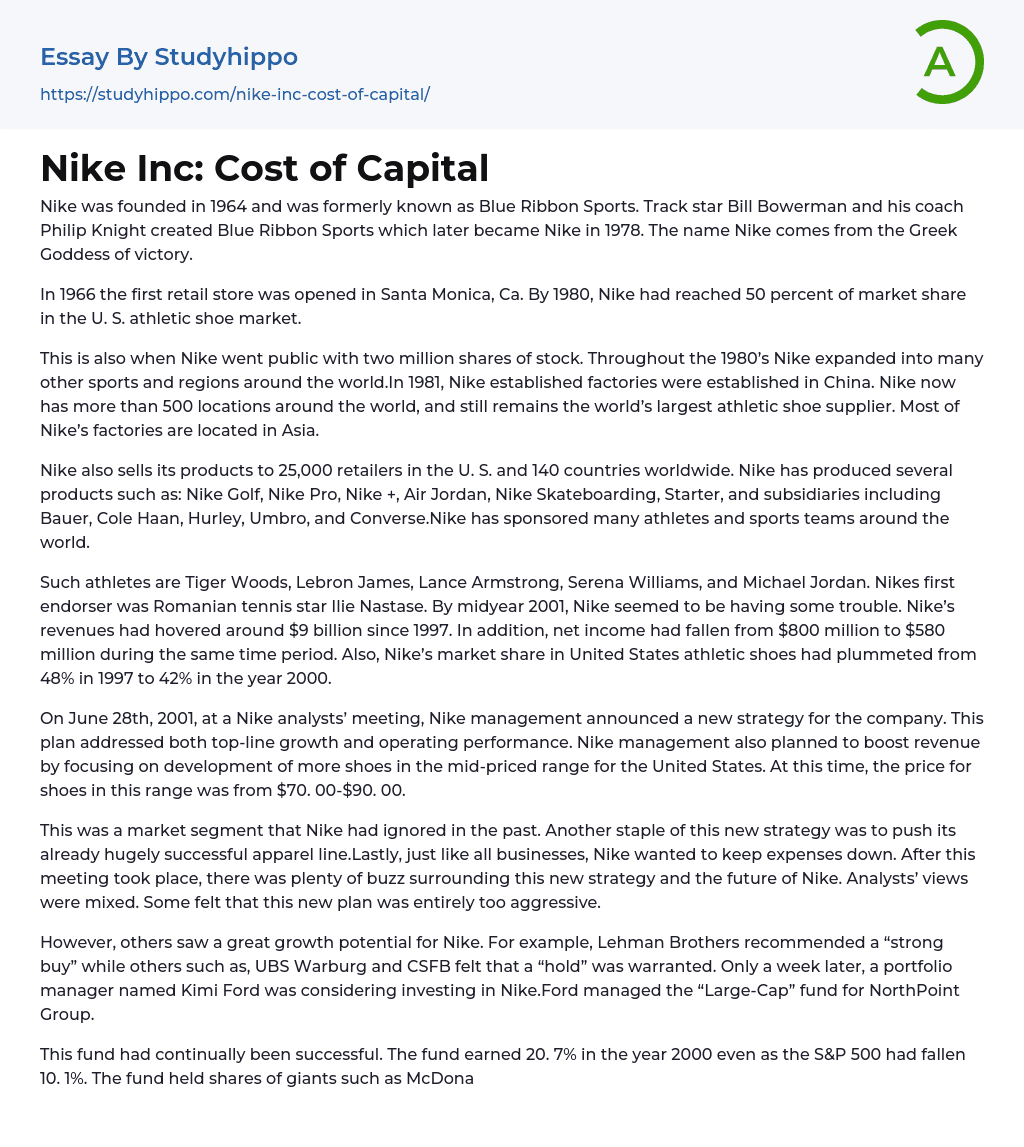 Nike Inc: Cost of Capital Essay Example