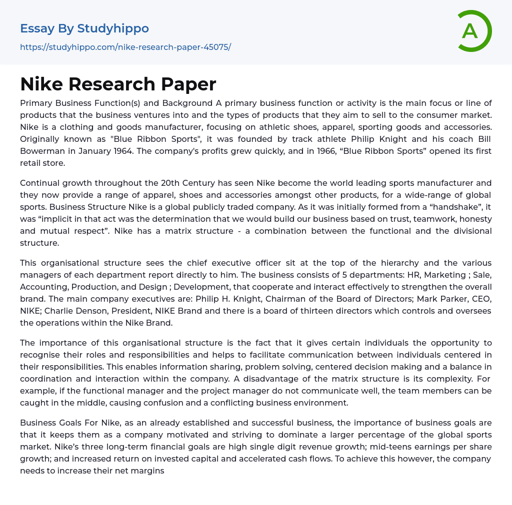 Nike Research Paper Essay Example