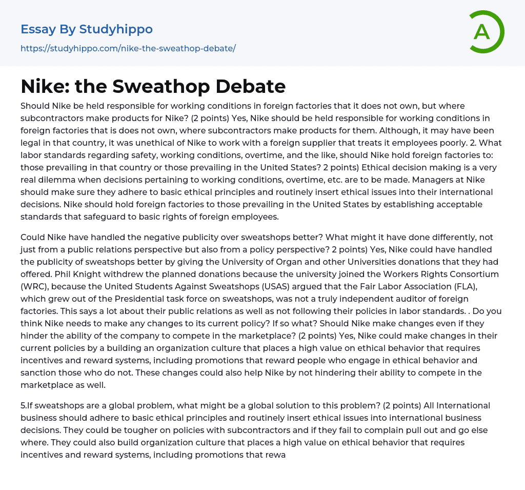 Nike: the Sweathop Debate Essay Example