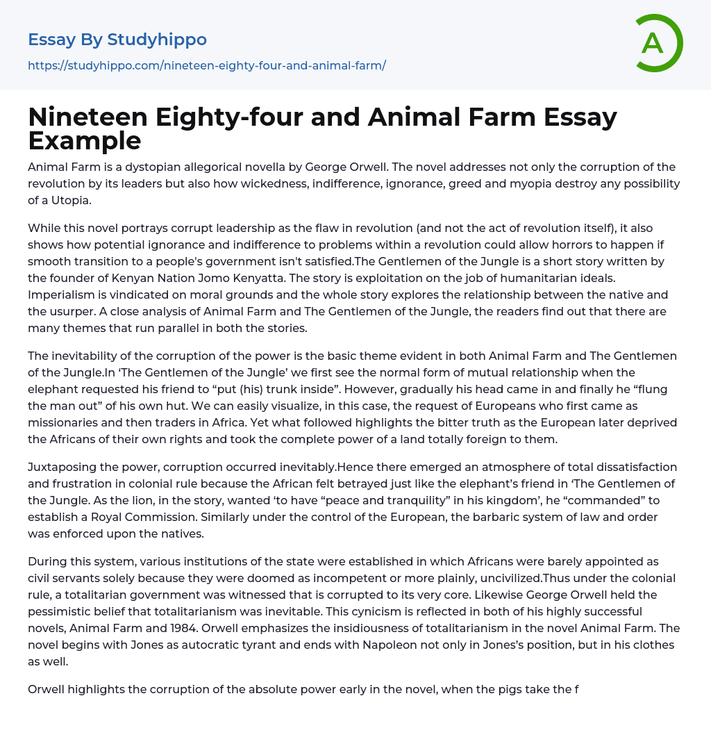 Nineteen Eighty-four and Animal Farm Essay Example