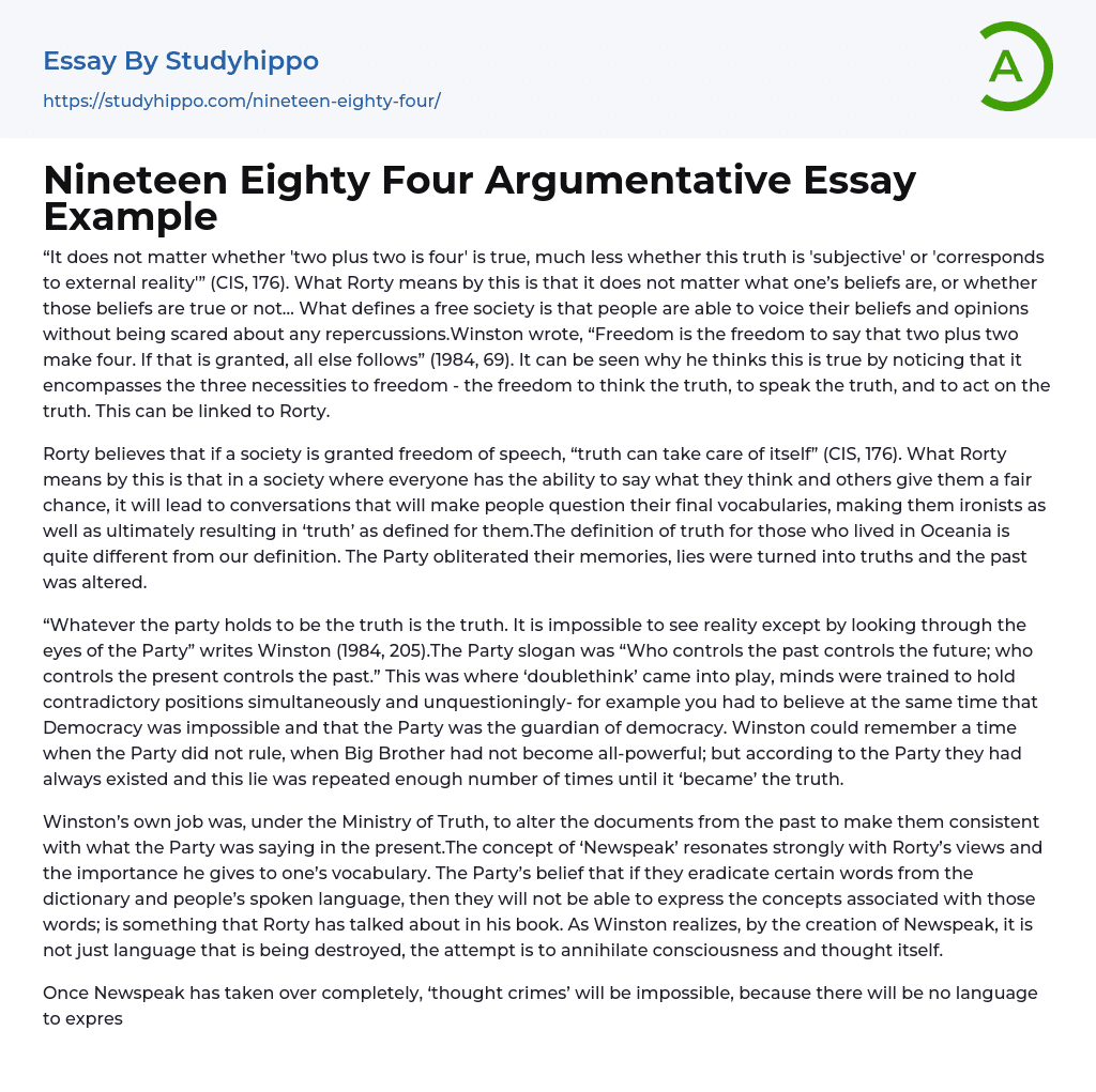 Nineteen Eighty Four Argumentative Essay Example