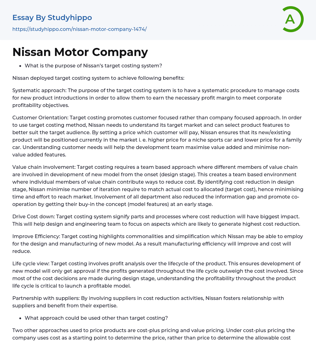 Nissan Motor Company Essay Example