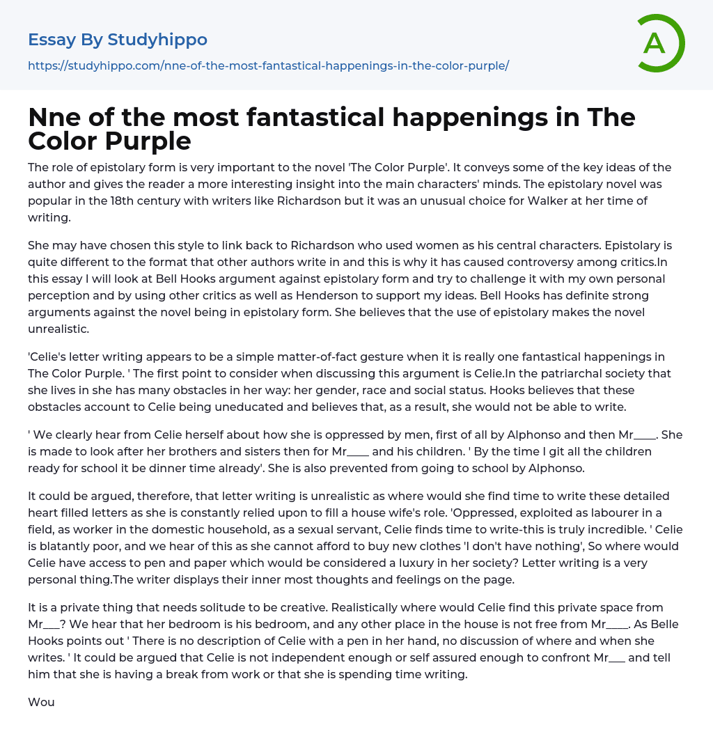 Nne of the most fantastical happenings in The Color Purple Essay Example
