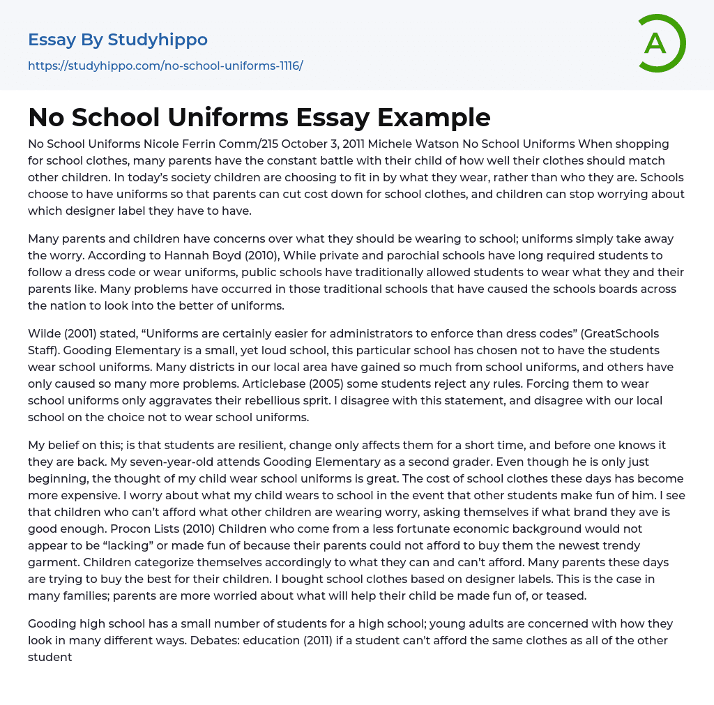 No School Uniforms Essay Example