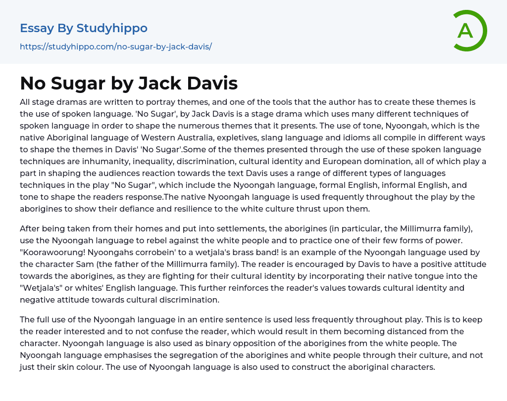 No Sugar by Jack Davis Essay Example