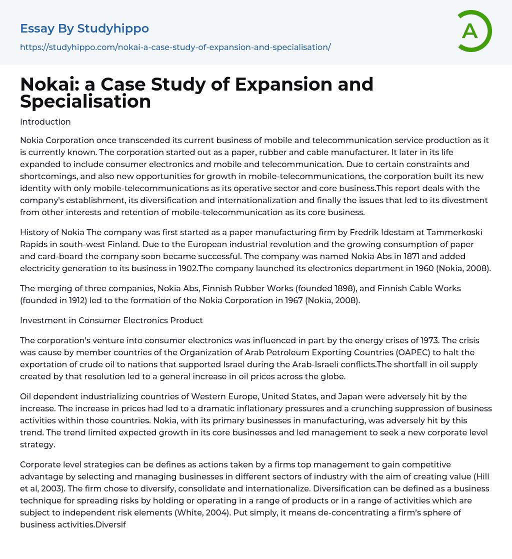 Nokai: a Case Study of Expansion and Specialisation Essay Example