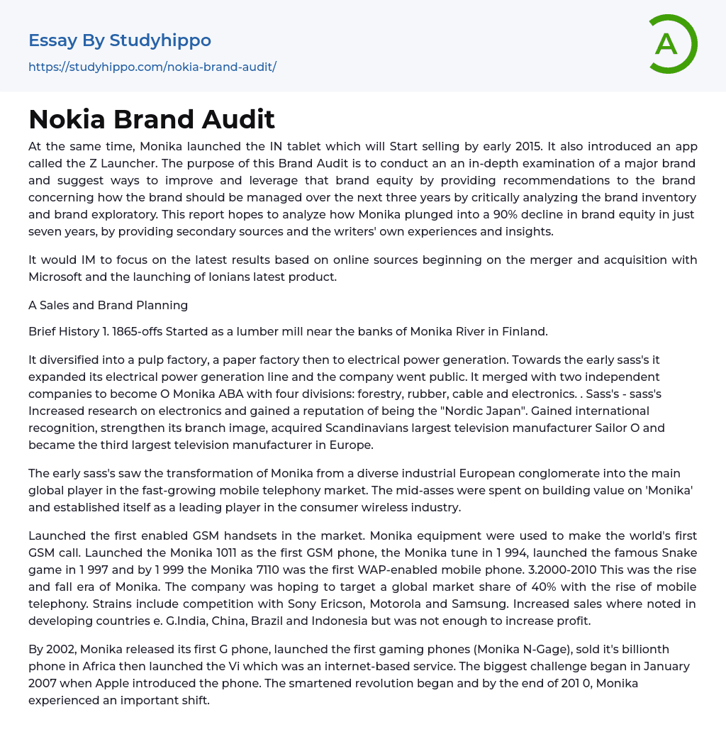 Nokia Brand Audit Essay Example