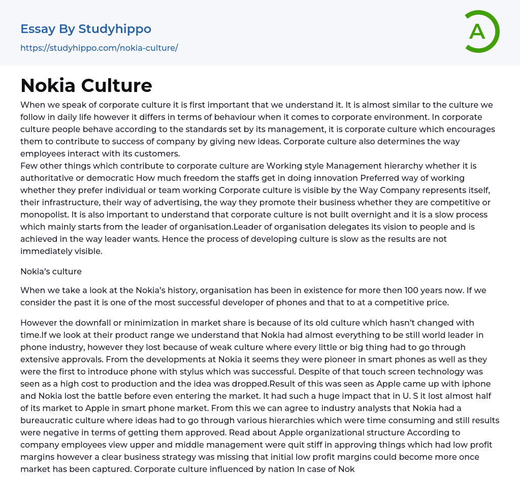 Nokia Culture Essay Example