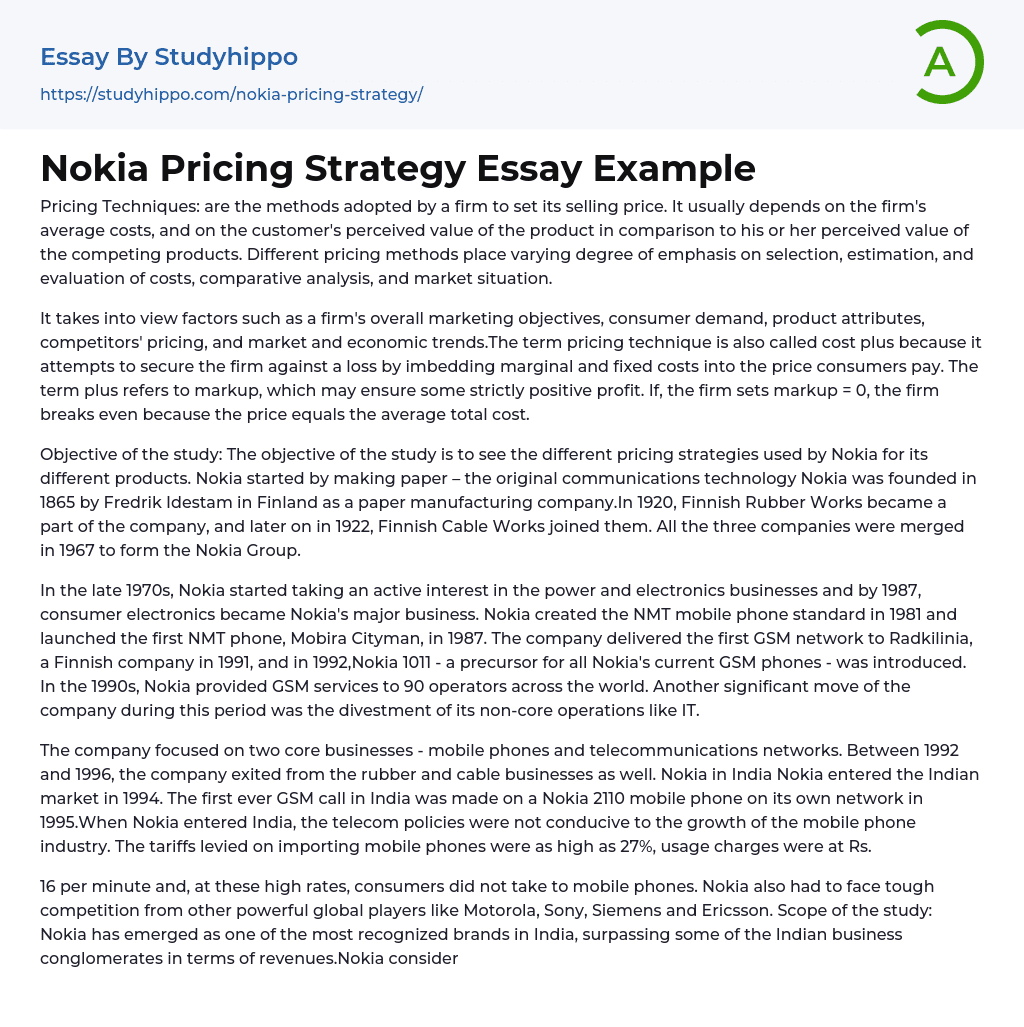 Nokia Pricing Strategy Essay Example