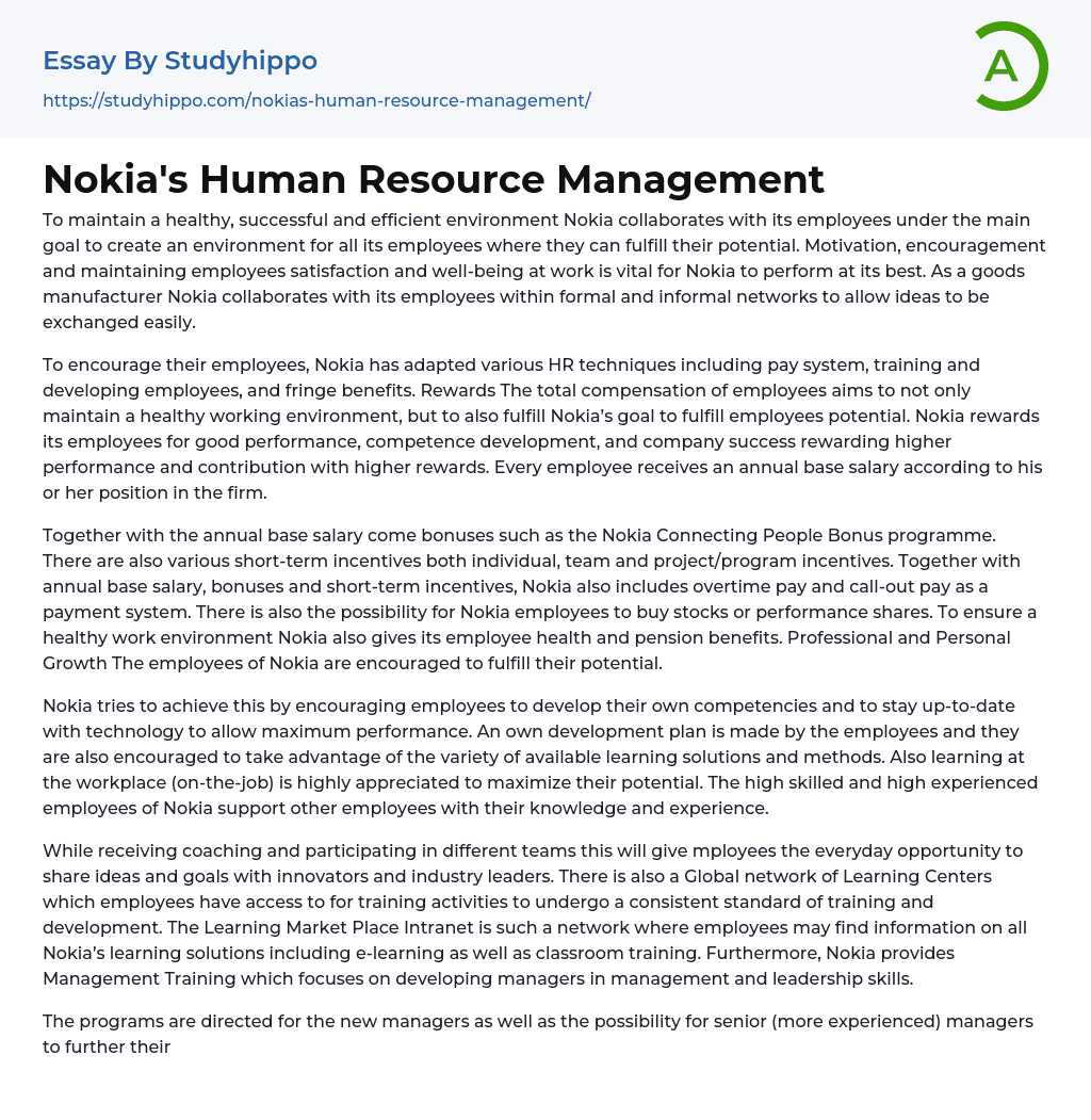 Nokia’s Human Resource Management Essay Example