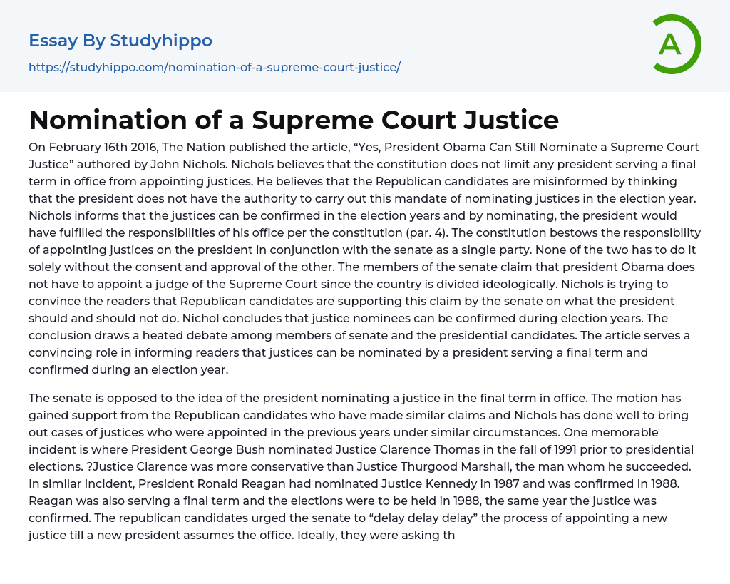 Nomination of a Supreme Court Justice Essay Example