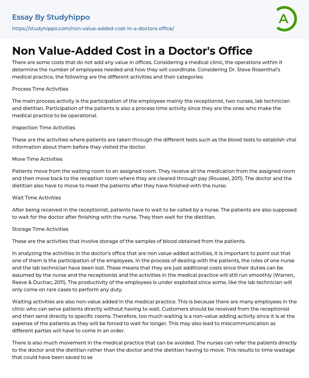 Non Value-Added Cost in a Doctor’s Office Essay Example