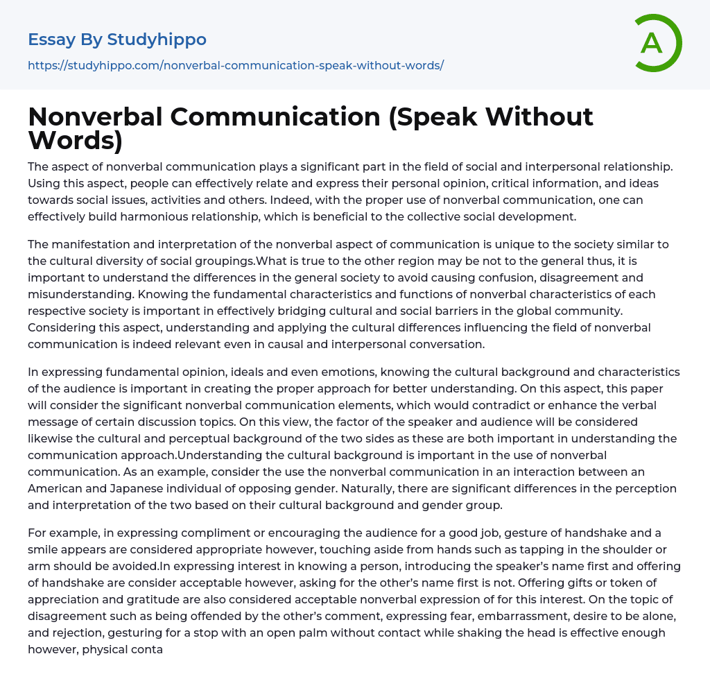 Nonverbal Communication (Speak Without Words) Essay Example