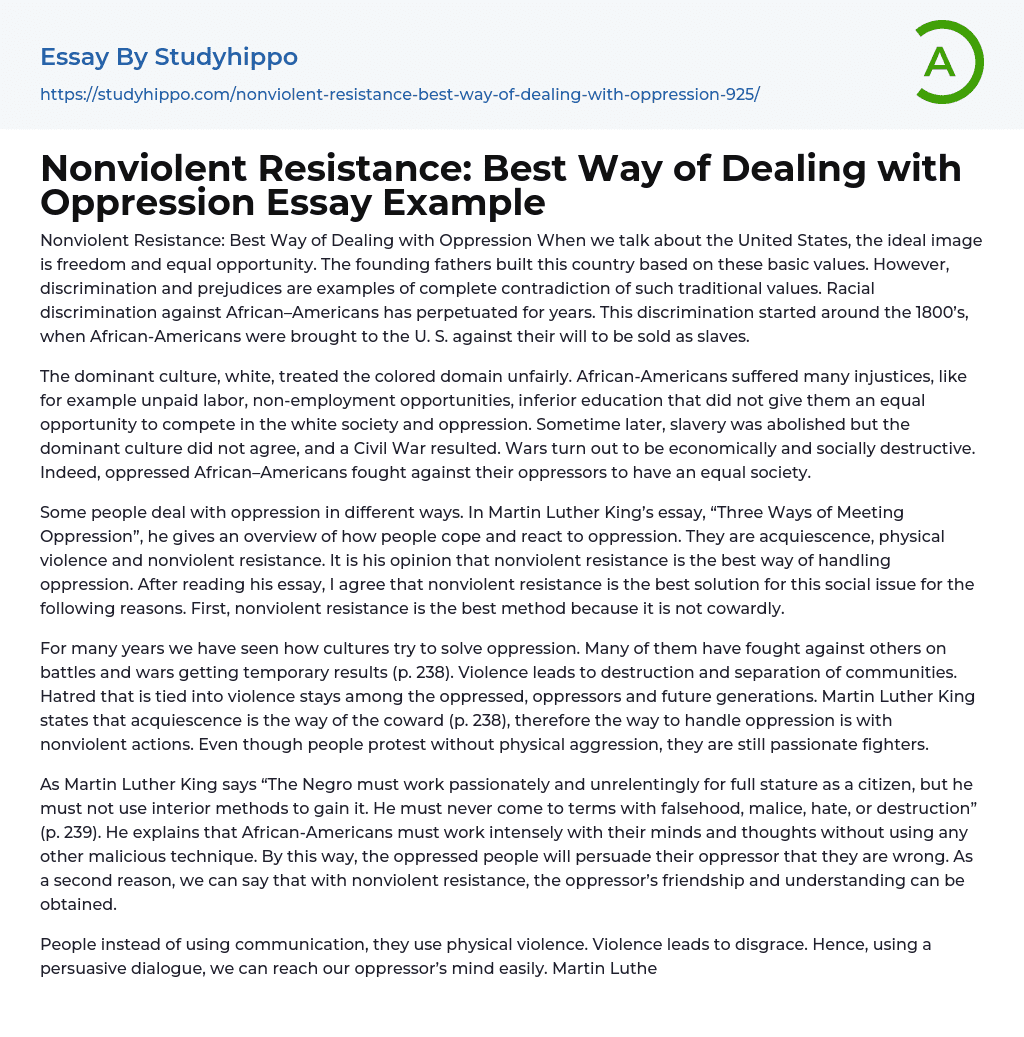 Nonviolent Resistance: Best Way of Dealing with Oppression Essay Example