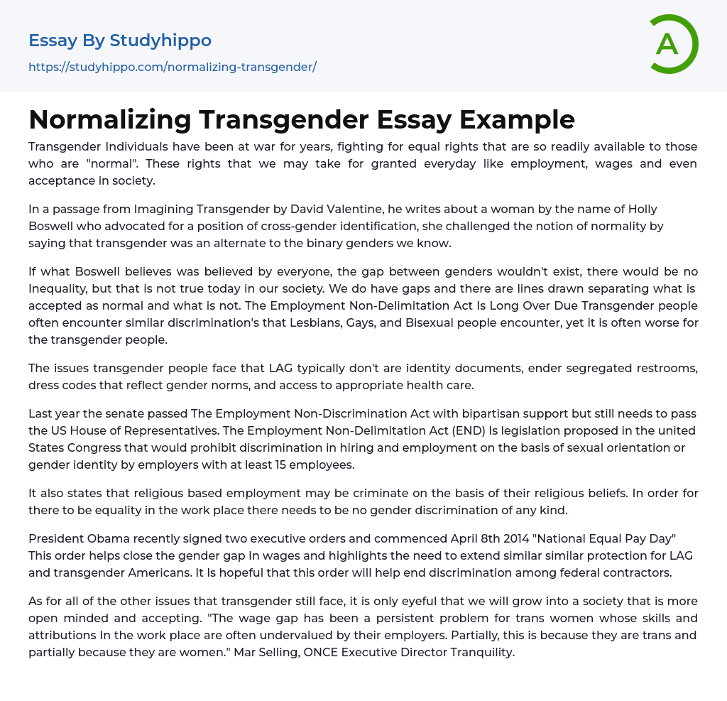 Normalizing Transgender Essay Example