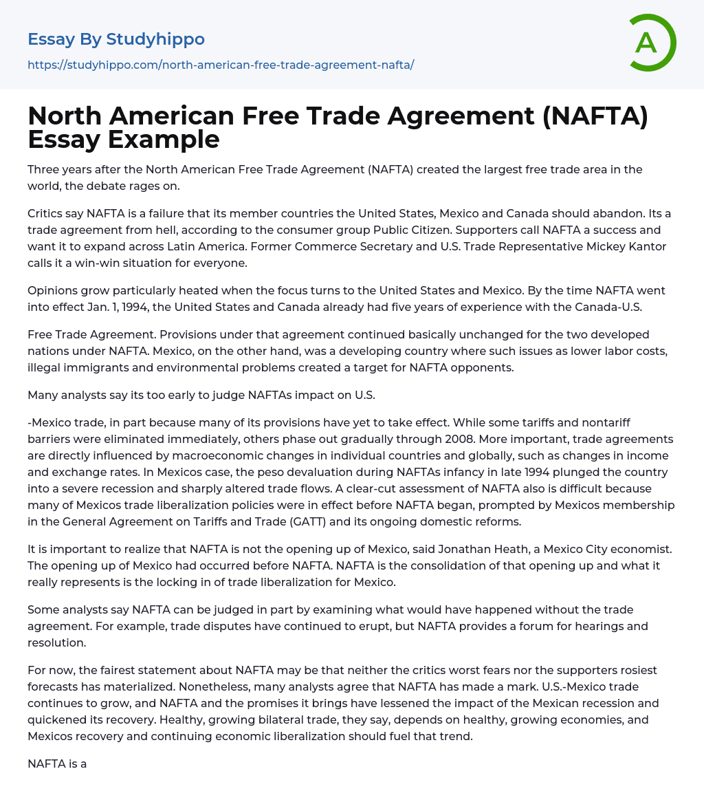 North American Free Trade Agreement (NAFTA) Essay Example