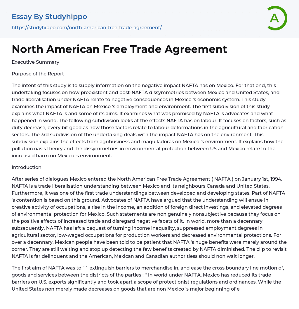 North American Free Trade Agreement Essay Example