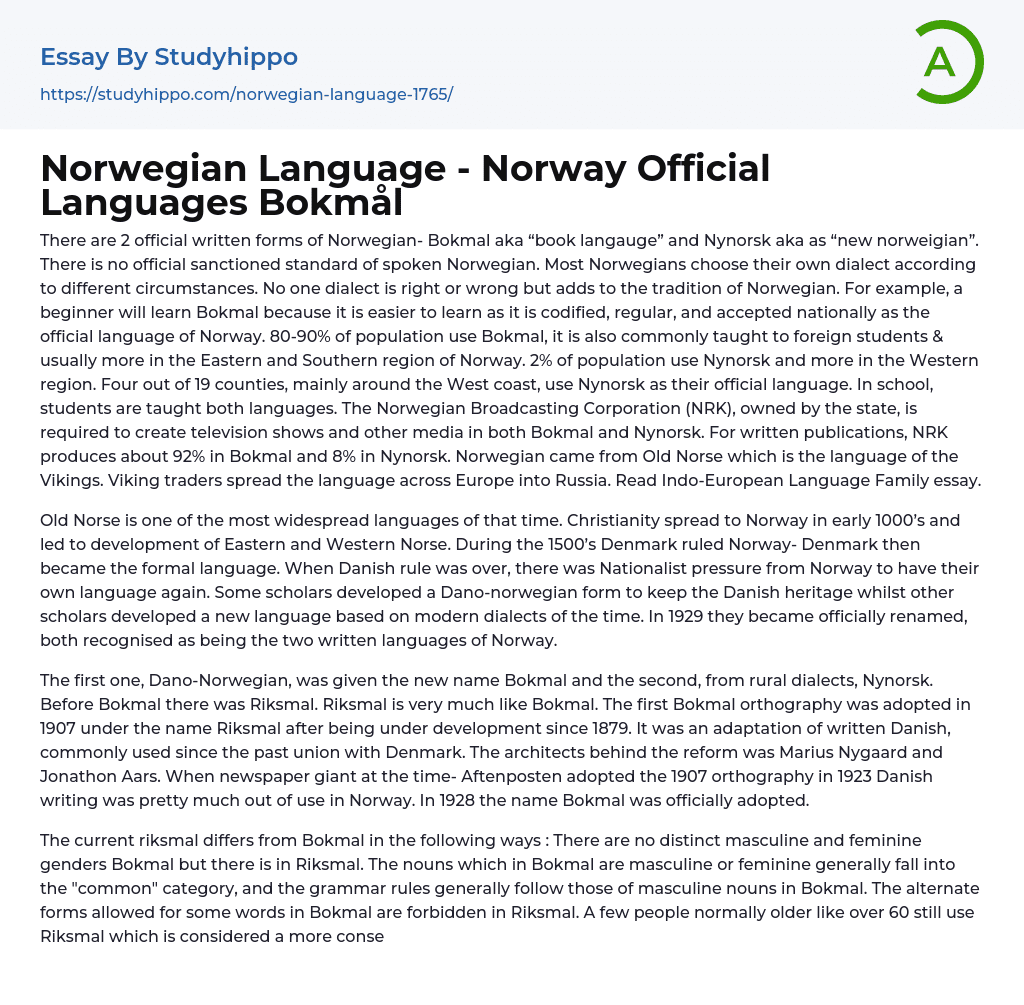 Norwegian Language – Norway Official Languages Bokmål Essay Example