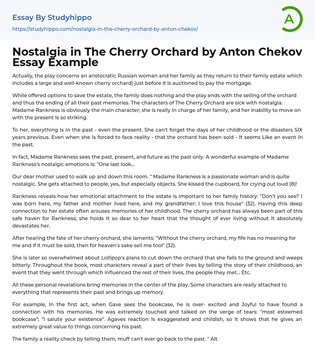 Nostalgia in The Cherry Orchard by Anton Chekov Essay Example