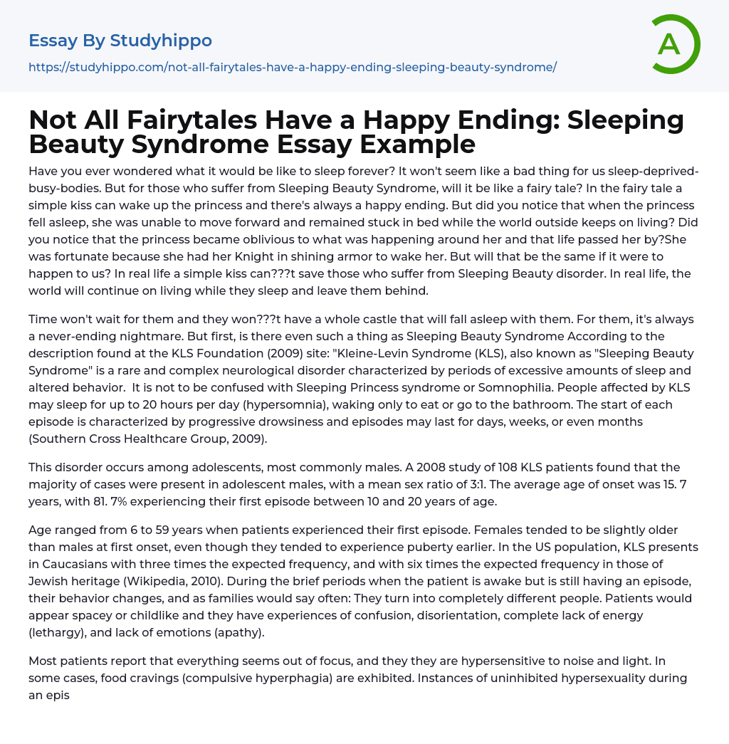 Not All Fairytales Have a Happy Ending: Sleeping Beauty Syndrome Essay Example