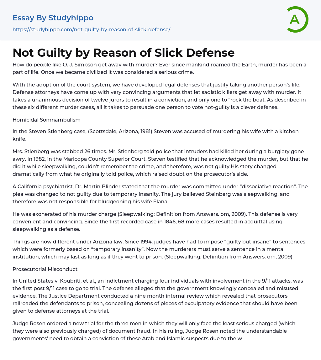 Not Guilty by Reason of Slick Defense Essay Example