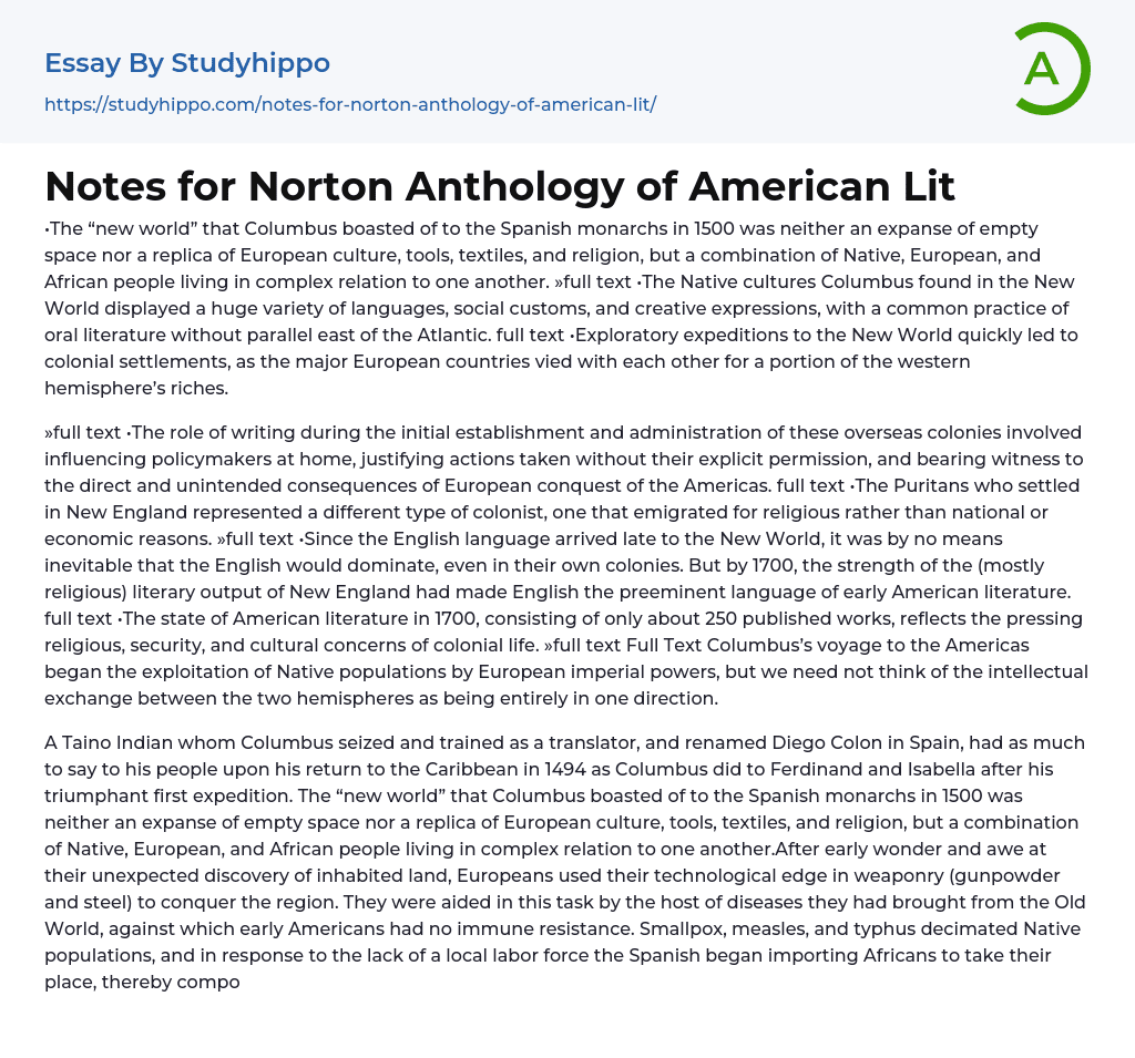 Notes for Norton Anthology of American Lit Essay Example