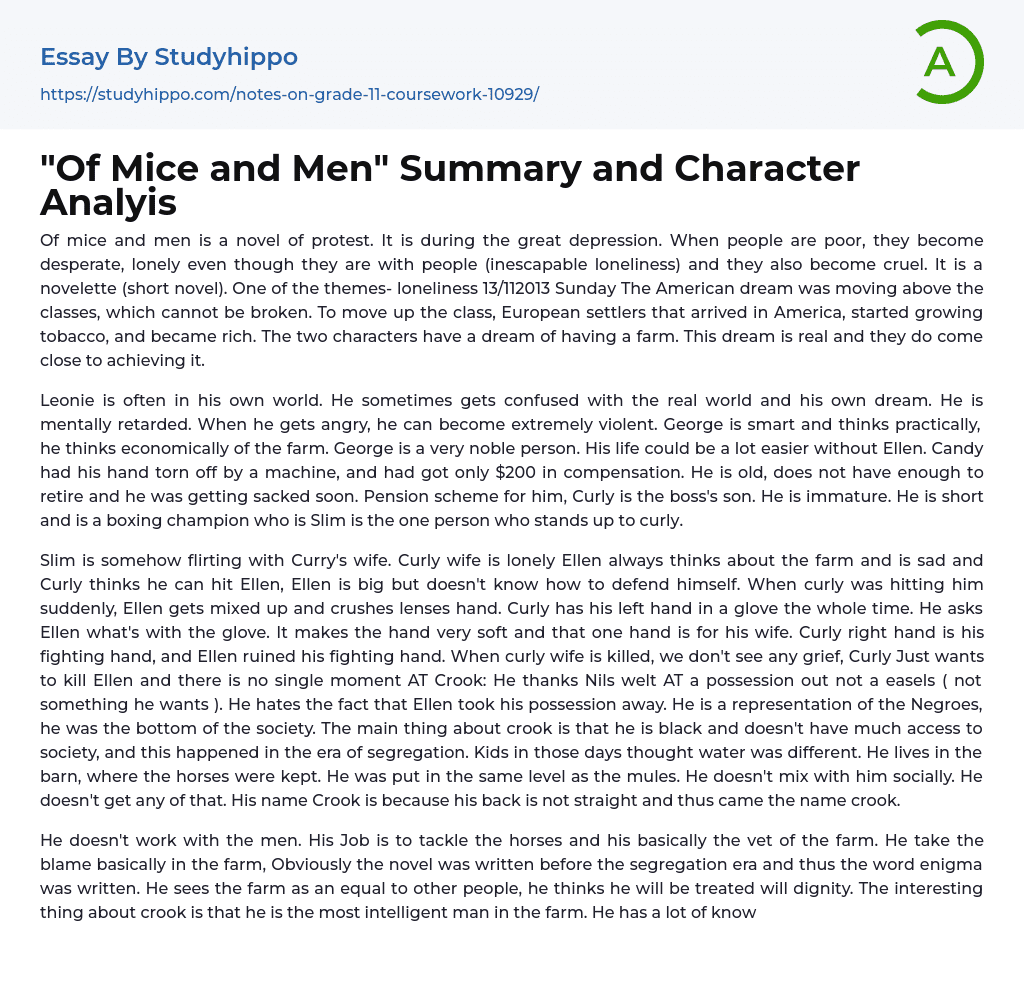 “Of Mice and Men” Summary and Character Analyis Essay Example