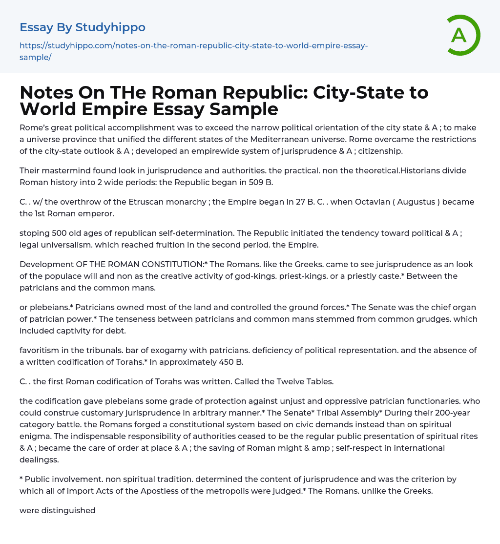 Notes On THe Roman Republic: City-State to World Empire Essay Sample