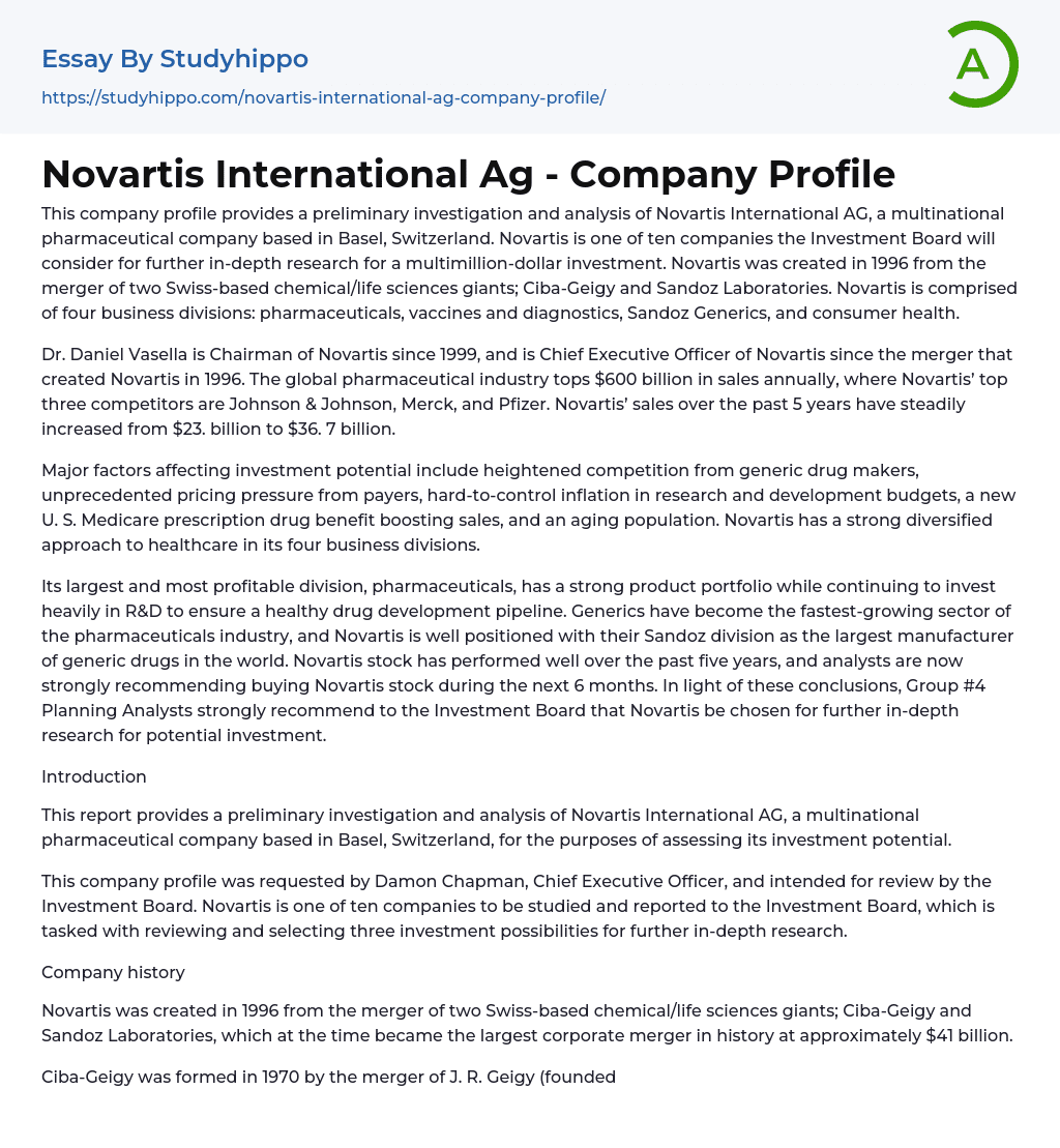 Novartis International Ag – Company Profile Essay Example