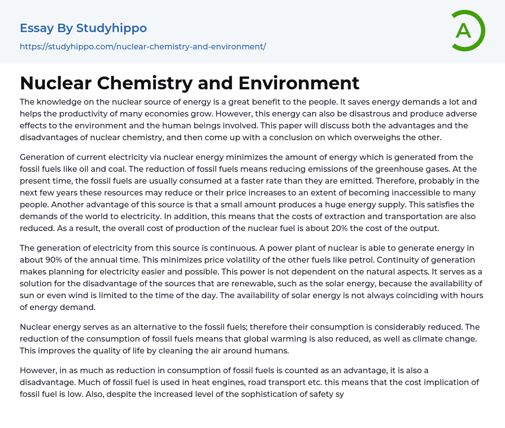 Nuclear Chemistry and Environment Essay Example