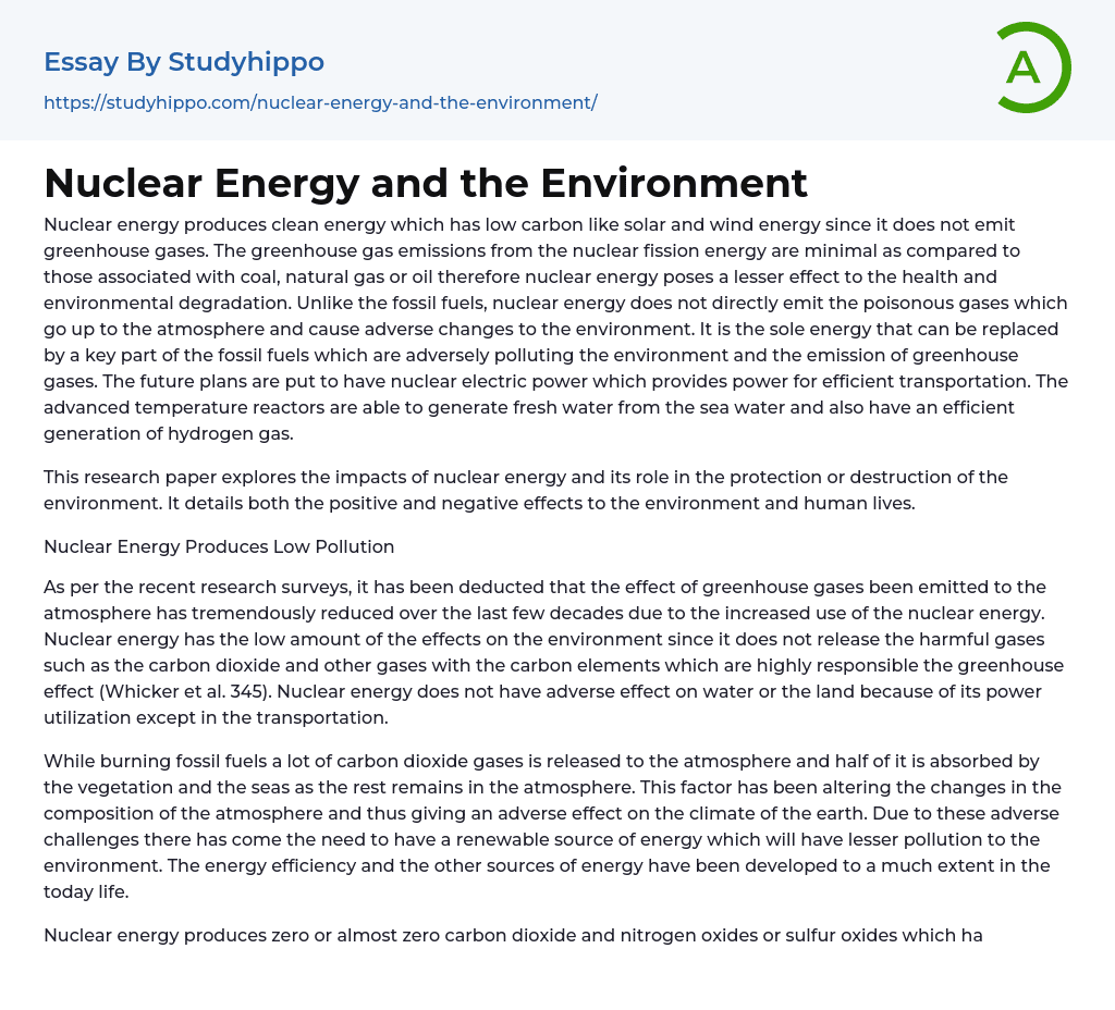 Nuclear Energy and the Environment Essay Example