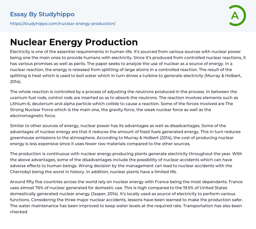 Nuclear Energy Production Essay Example