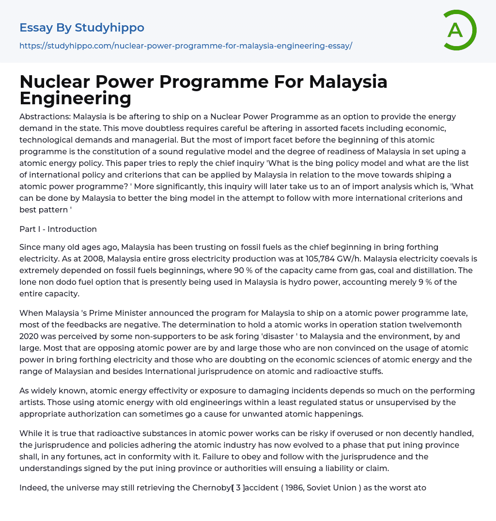 Nuclear Power Programme For Malaysia Engineering Essay Example
