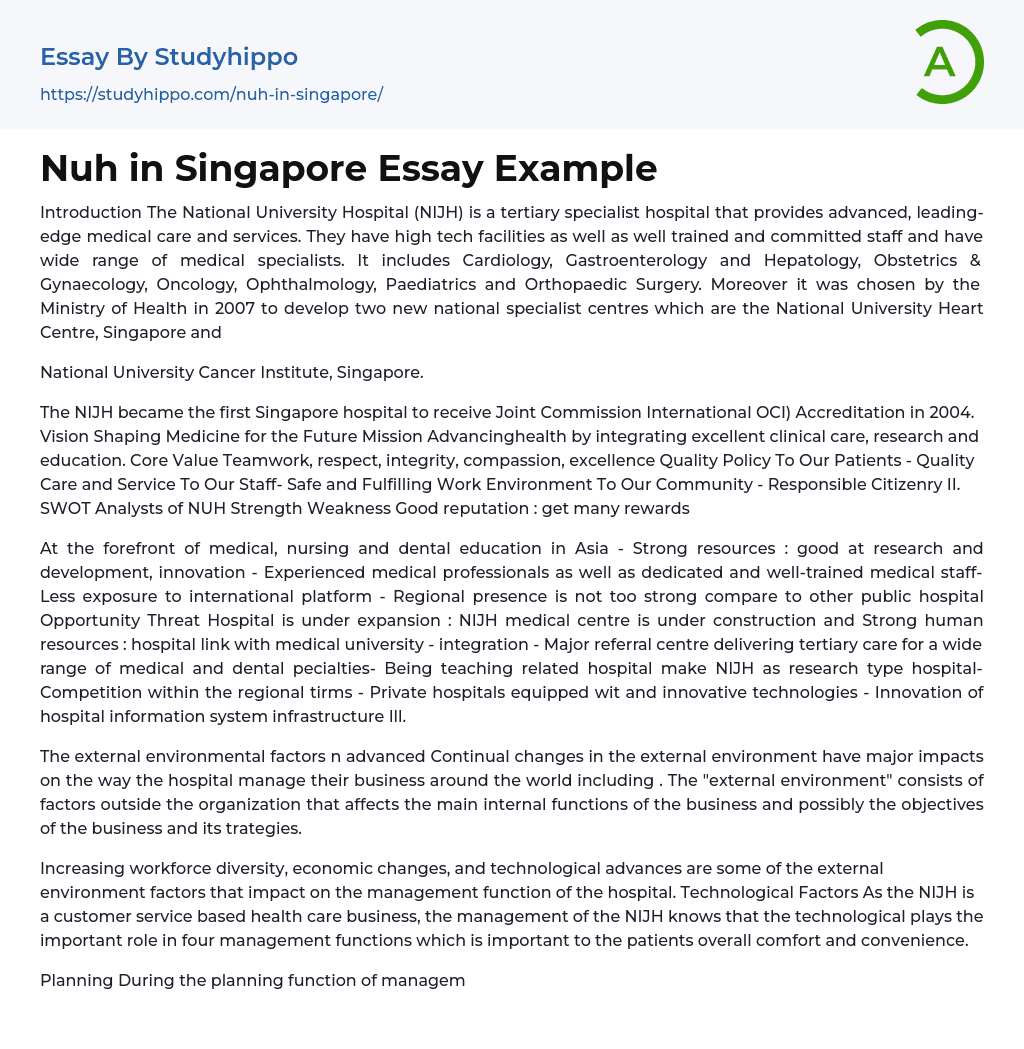 Nuh in Singapore Essay Example
