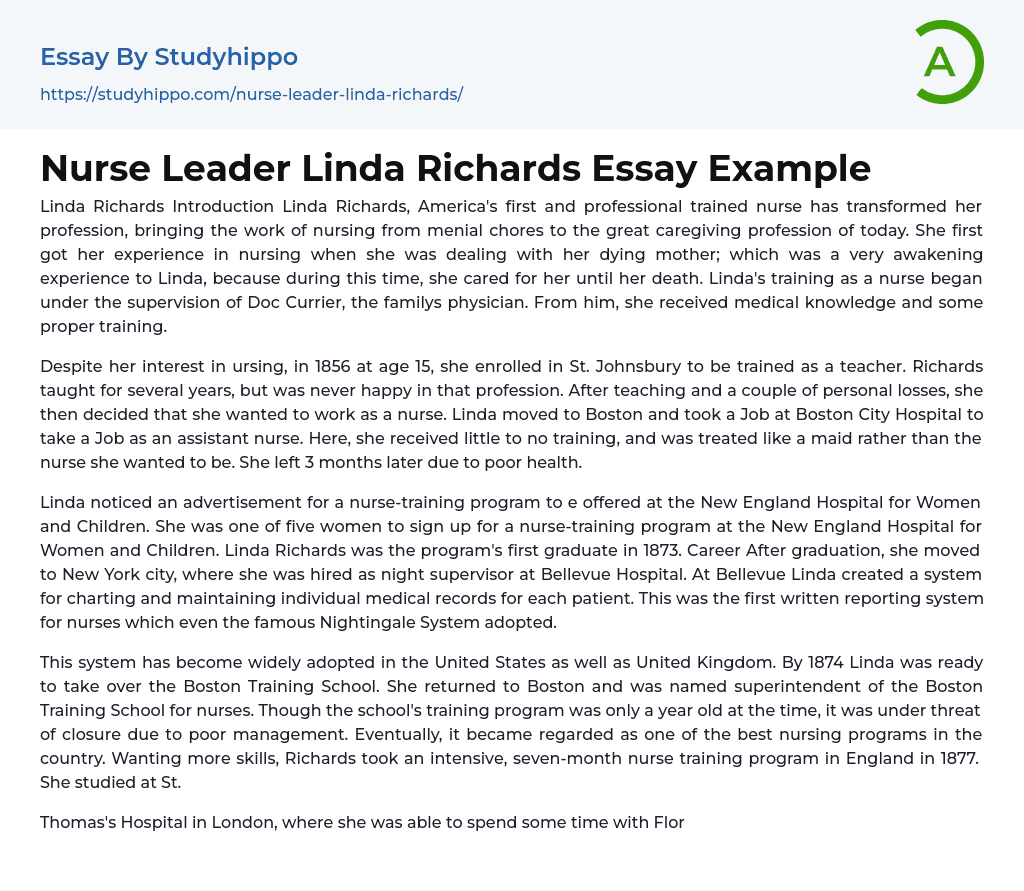 Nurse Leader Linda Richards Essay Example
