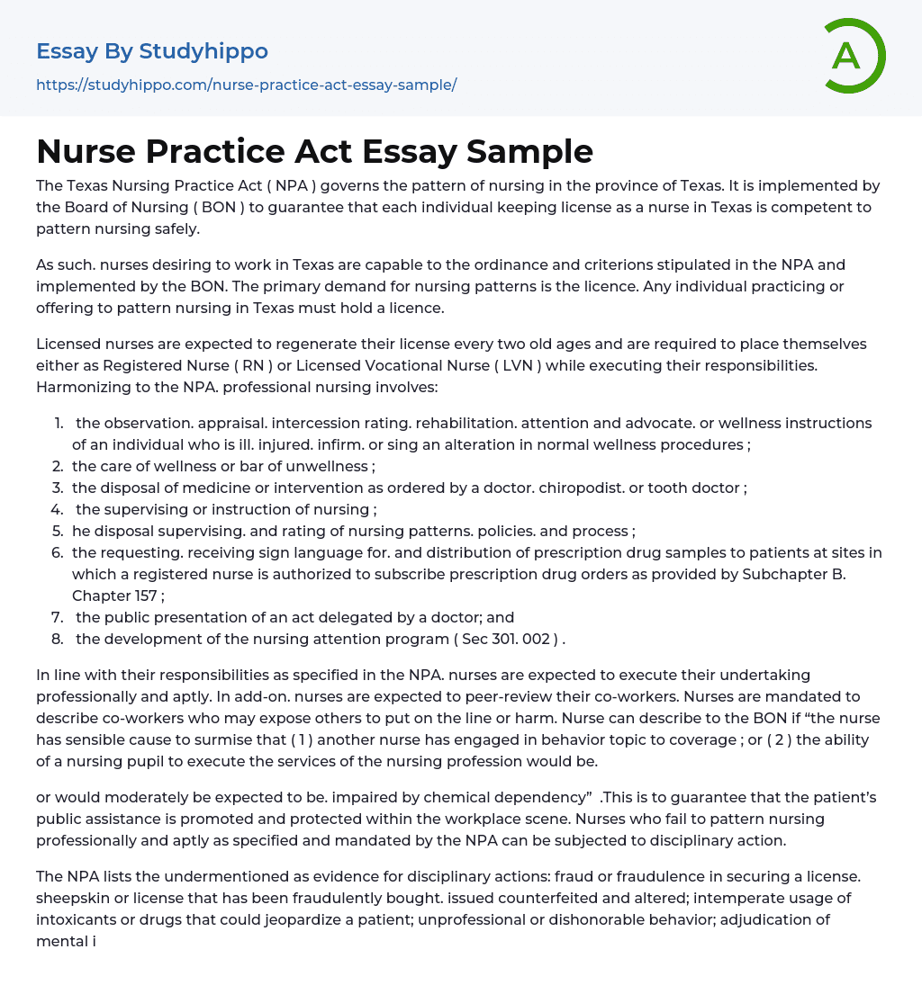 Nurse Practice Act Essay Sample