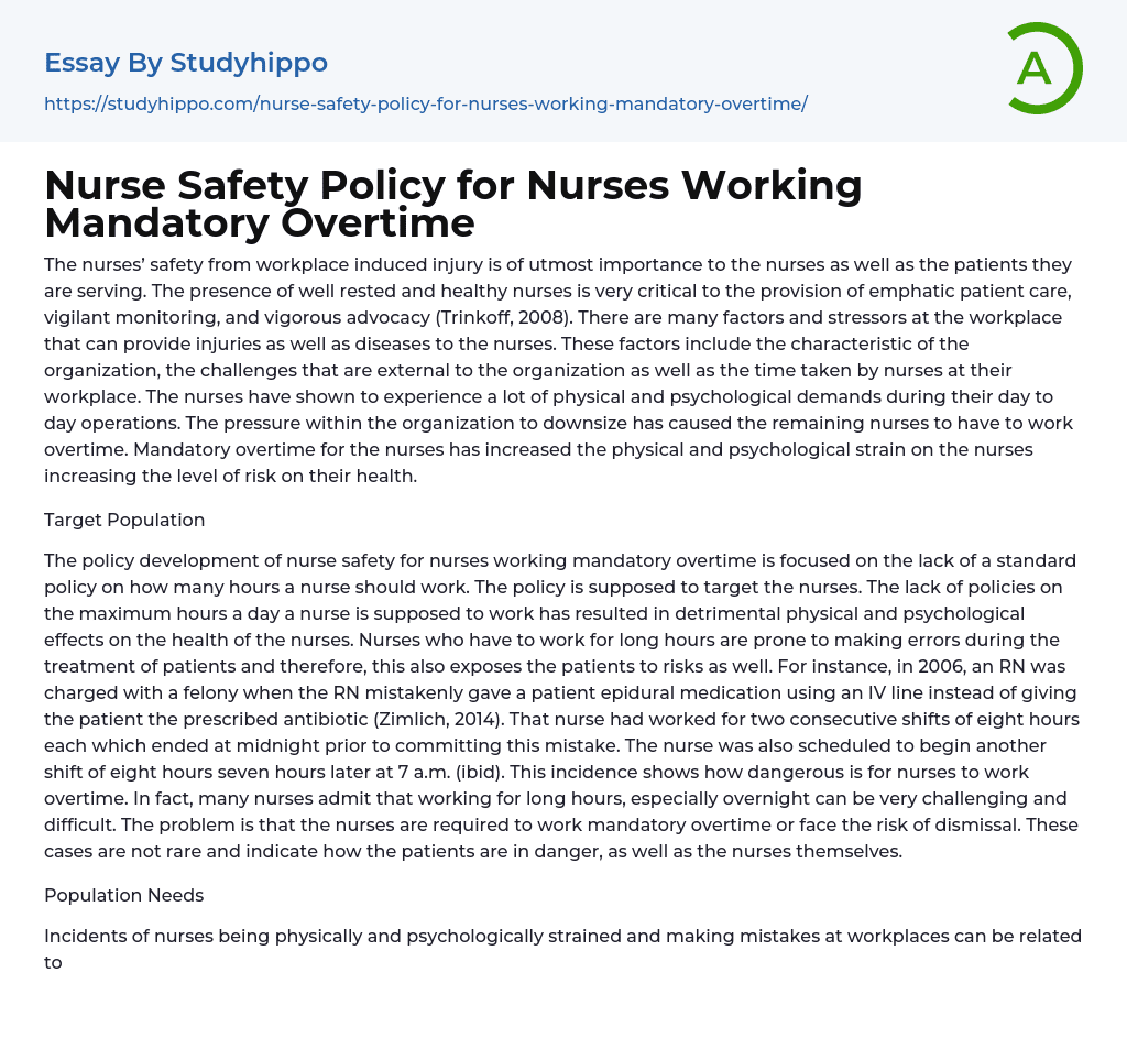 Nurse Safety Policy for Nurses Working Mandatory Overtime Essay Example