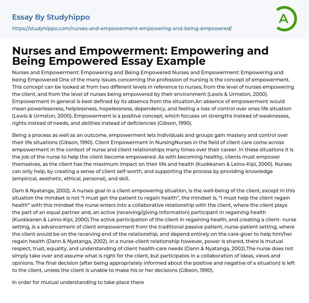 Nurses and Empowerment: Empowering and Being Empowered Essay Example