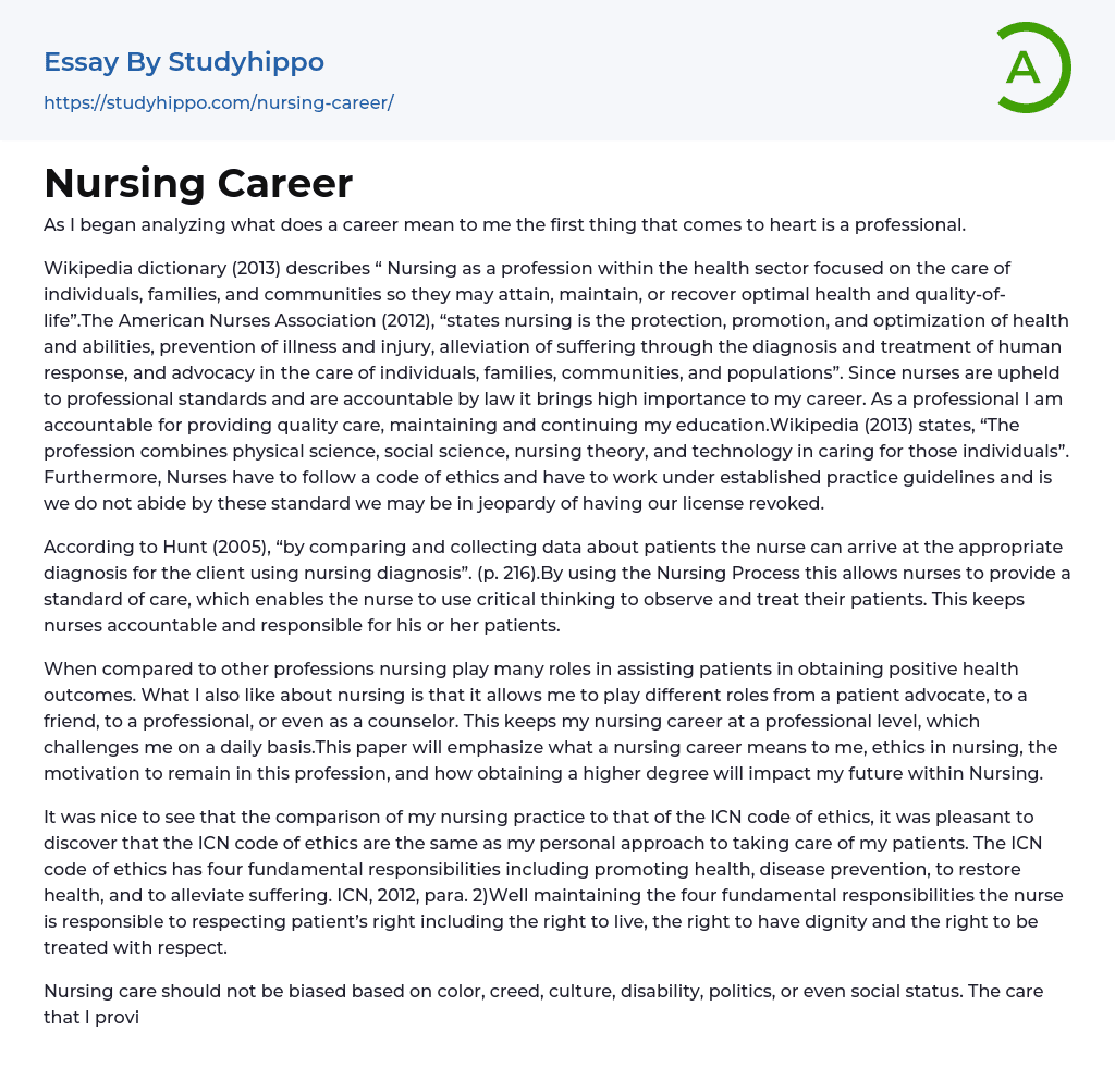 Nursing Career Essay Example