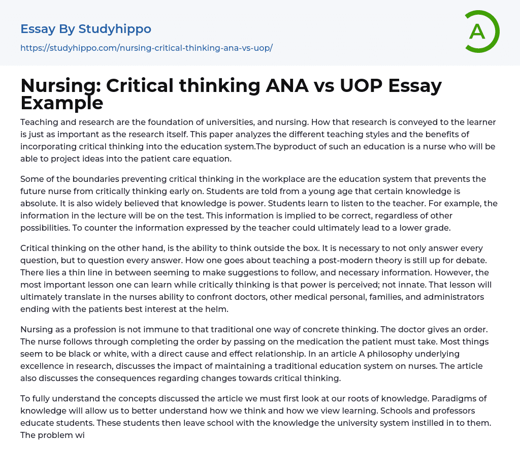 Nursing: Critical thinking ANA vs UOP Essay Example