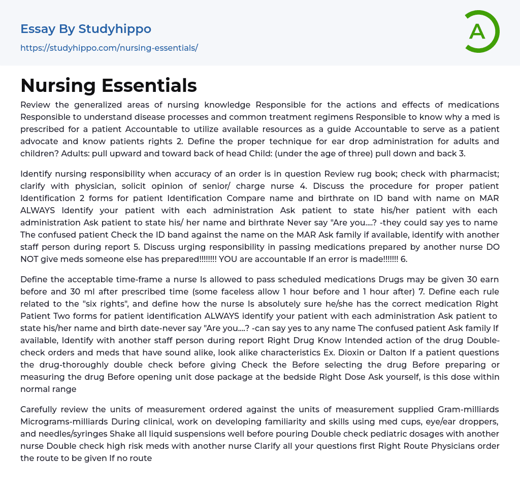 Nursing Essentials Essay Example