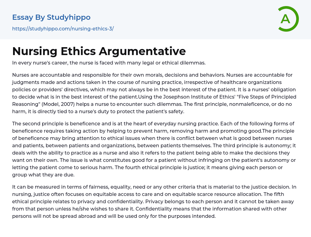 Nursing Ethics Argumentative Essay Example
