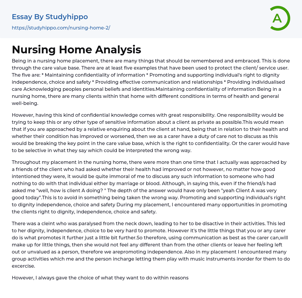 Nursing Home Analysis Essay Example