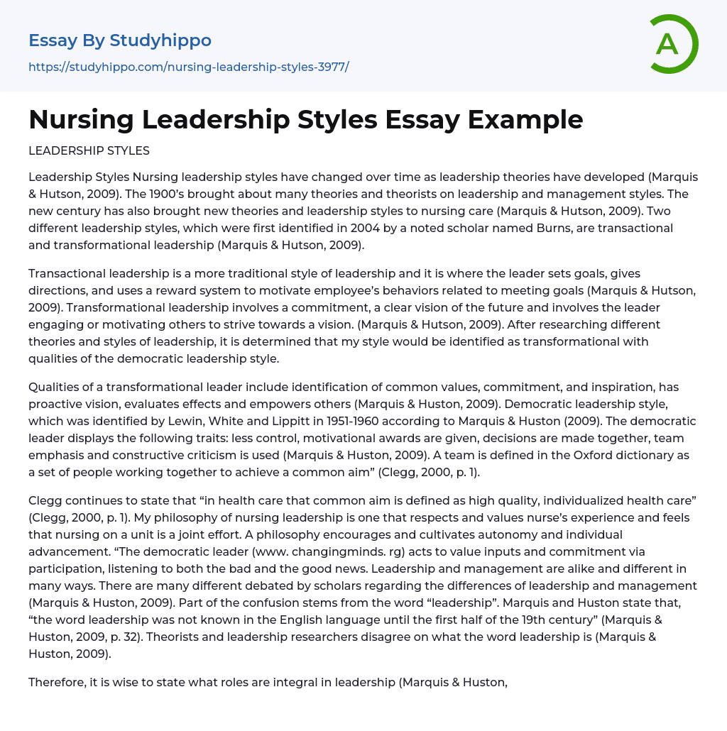 Nursing Leadership Styles Essay Example
