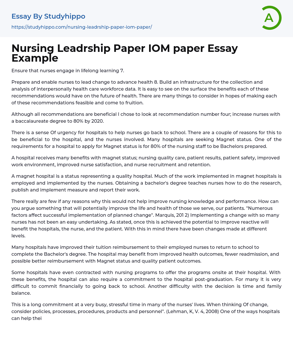 Nursing Leadrship Paper IOM paper Essay Example