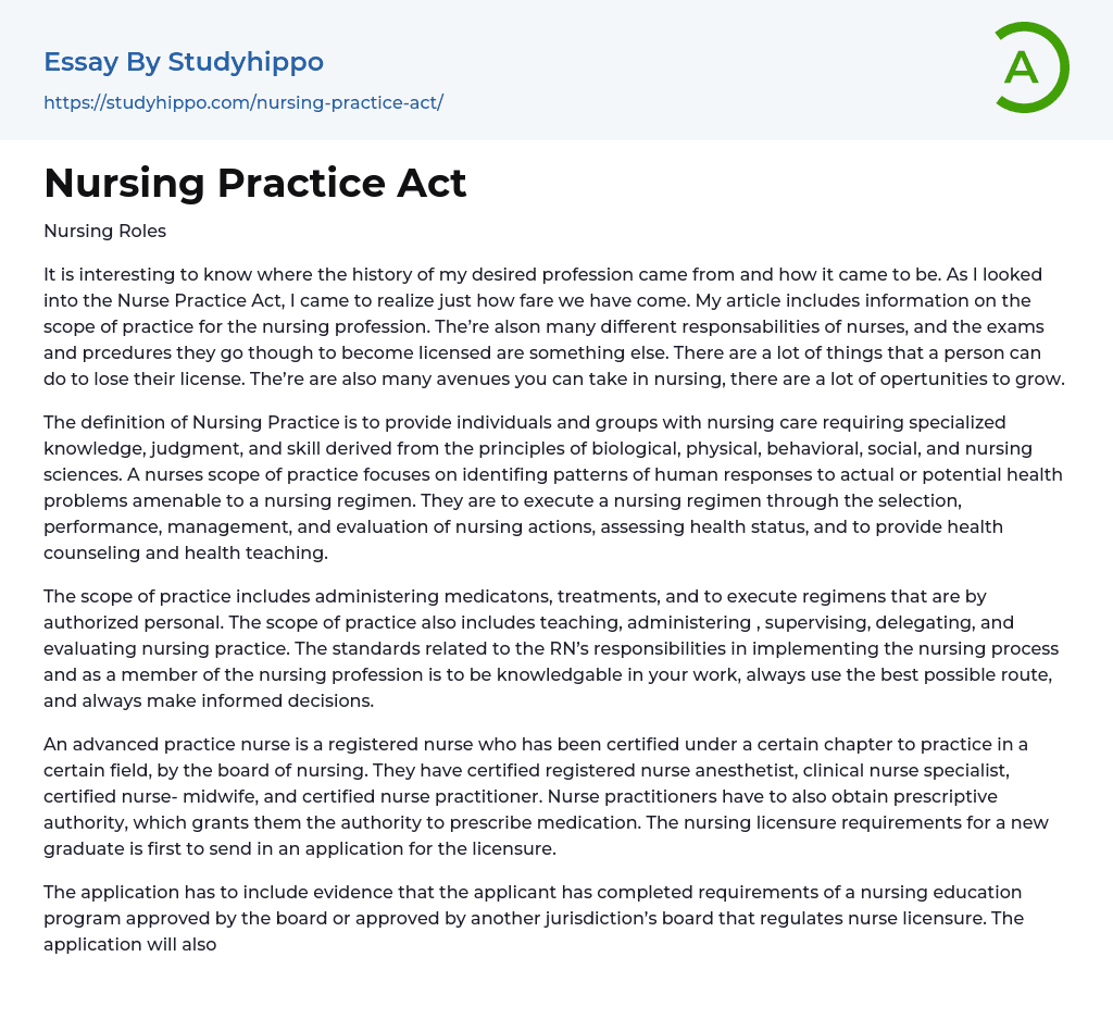 Nursing Practice Act Essay Example
