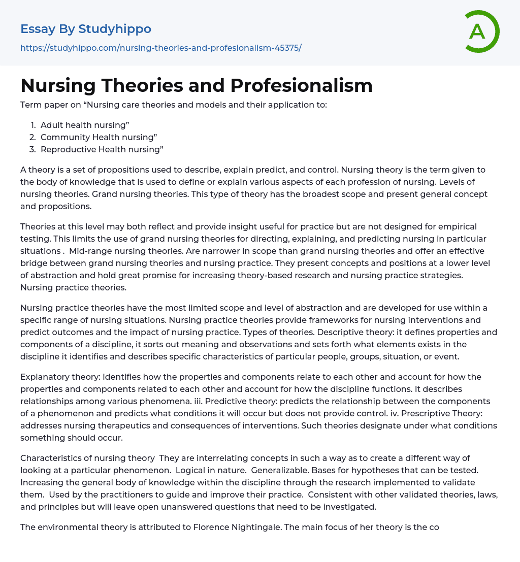 Nursing Theories and Profesionalism Essay Example