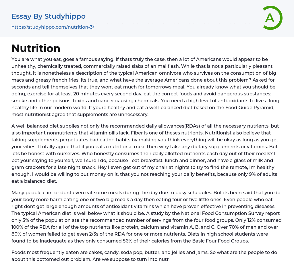 Nutrition Essay Example